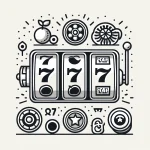 A 2D vector illustration in black and white featuring slot games. The image should include classic elements such as slot machines, spinning reels, and