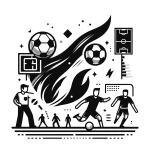 A black and white vector illustration of a sport game scene. The image should feature elements such as players in action, a ball, a referee, and a sco