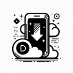 A black and white vector illustration representing the concept of downloading an application. The image should include elements such as a smartphone